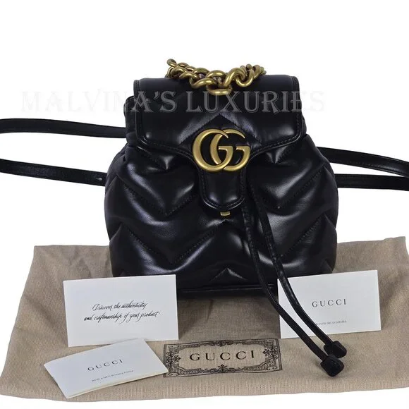 GUCCI BAG 777253 GG MARMONT LOGO BACKPACK BLACK QUILTED LEATHER - Picture 3 of 16